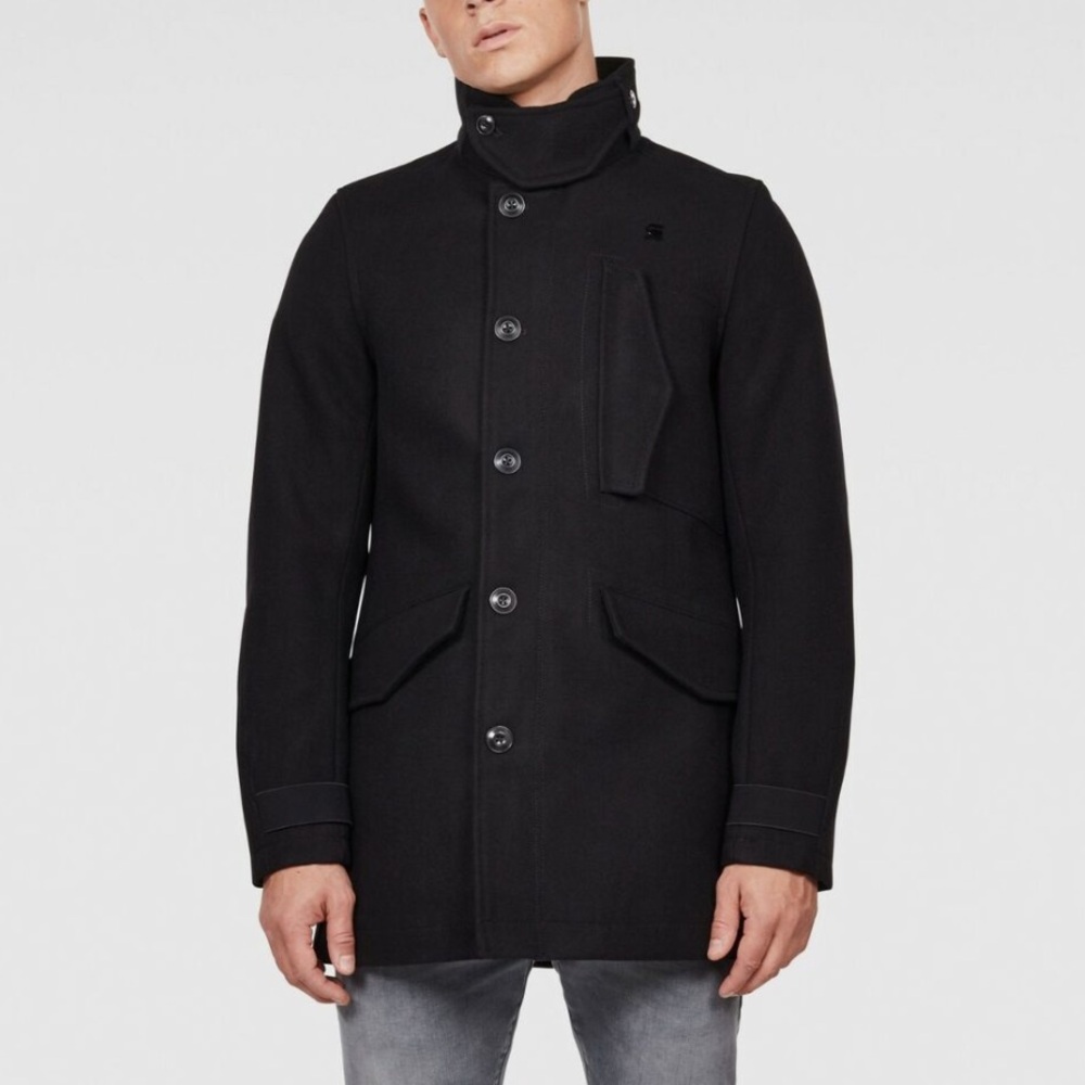 G-Star Raw Wool Blend Zip & Button Up Long Line Utility Style Black Coat, Medium